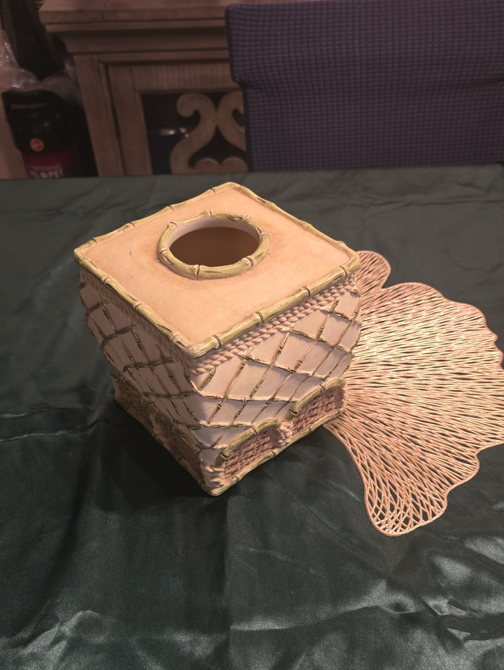 Decorative Green, Cream and Tan Woven Tissue Box Cover